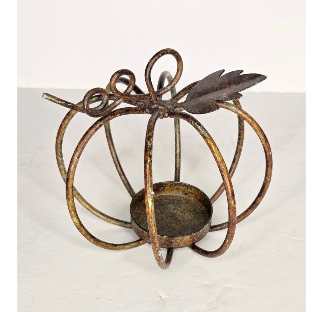 Rustic Wrought Iron Metal Pumpkin Shaped Tea Light Candle Holder Fall Halloween